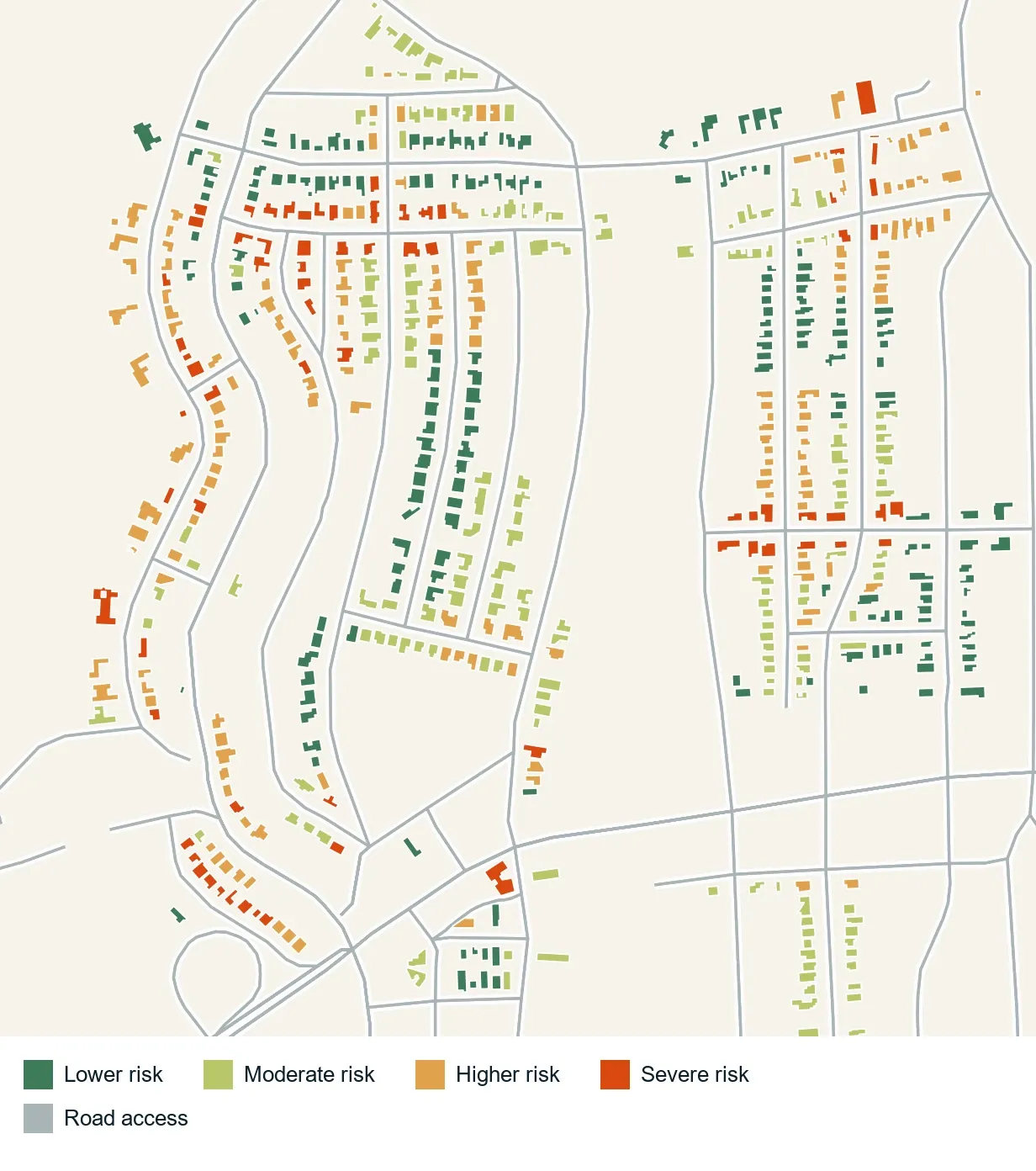 Residential buildings and connecting roads mapped by flood-risk class